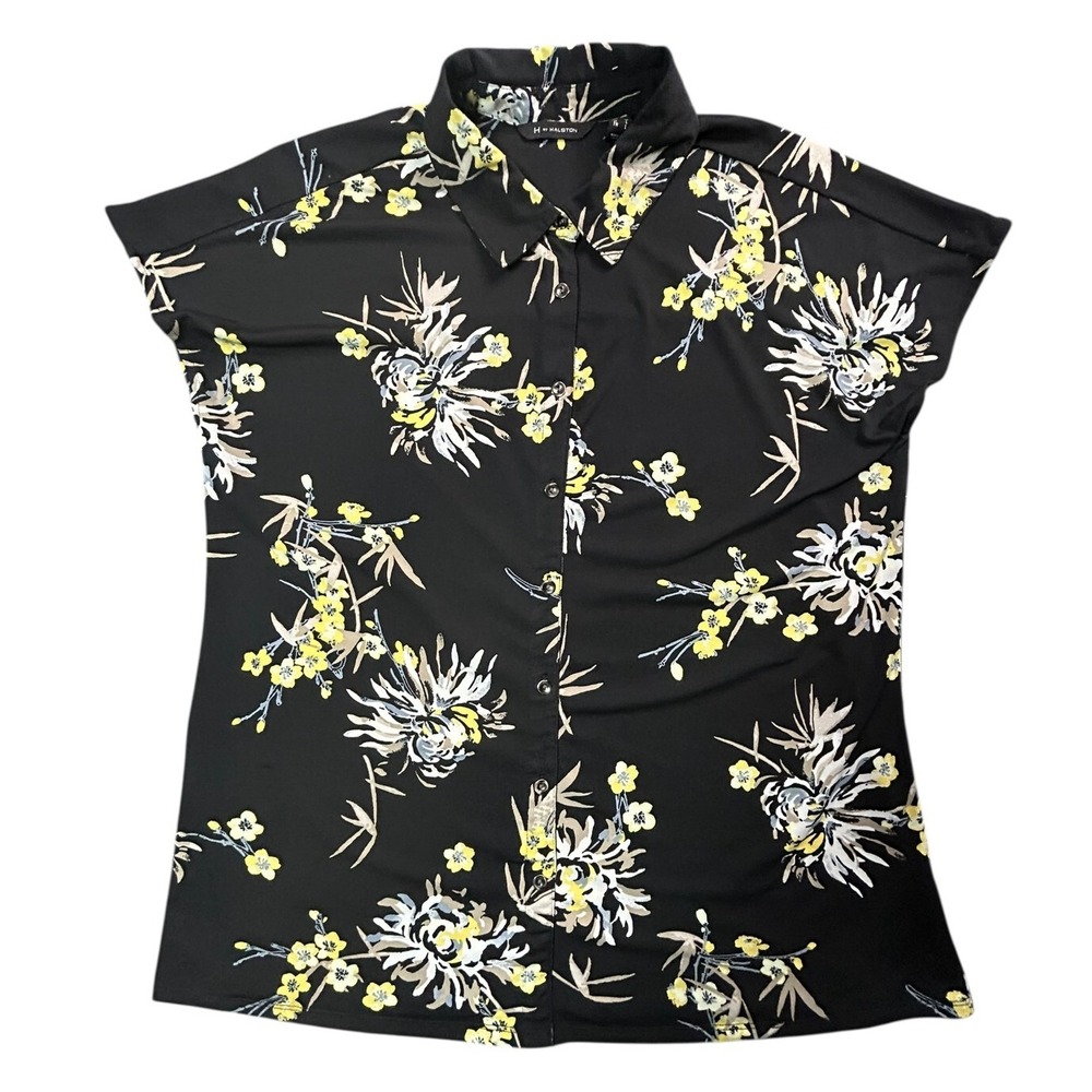H by Halston Blouse Womens Size M Black with Multicolor Floral Top Stretch